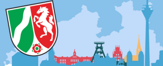 Grafik: Umrisse und Wahrzeichen von NRW, im Vordergrund links das NRW-Wappen