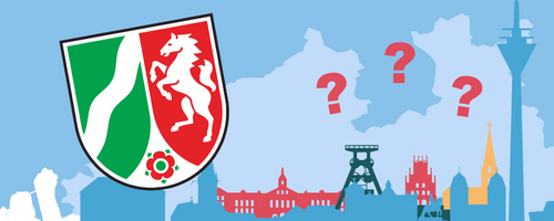 Grafik mit NRW-Wappen, bekannten Gebäuden aus NRW und drei Fragezeichen  - Link auf: Teste dein Wissen!
