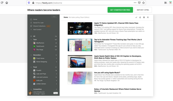 Bild zeigt die Startseite mit Dashbord von Feedly