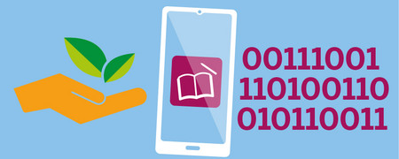 Symbole: Hand mit Pflanze, Smartphone, Nullen und Einsen  - Link auf: Bildung mit Apps