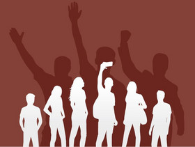 Grafik zeigt Umrisse junger Menschen. Die Person in der Mitte hält ein Smartphone in der Hand. Im Hintergrund sind drei Personen angedeutet, die der rechtsextremen Szene angehören.