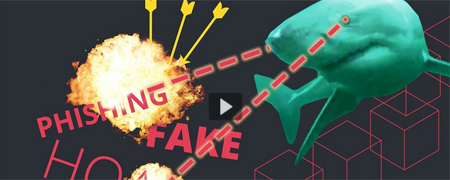 Das Titelbild des Tutorials: eine Illustration eines Hais, der durch angedeutete Strahlen aus den Augen die Begriffe Phishing und Fake zerstört.  - Link auf: Tutorial: Fake News im Netz erkennen
