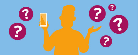 Symbole: Fragezeichen um Person mit Smartphone in der Hand  - Link auf: Welche Apps gibt es?