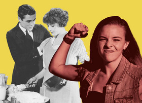 Mädchen im Vordergrund zeigt kämpferische Geste, im Hintergrund Schwarz-Weiß Bild eines stereotypischen Ehepaars.