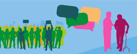 Grafik mit demonstrierenden Menschen, Sprechblasen und einer Person, die einem alten Menschen hilft  - Link auf: Was ist Engagement?