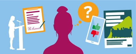 Grafik mit Person am Rednerpult, Smartphone, Petition und Broschüre  - Link auf: Was ist das richtige für mich?
