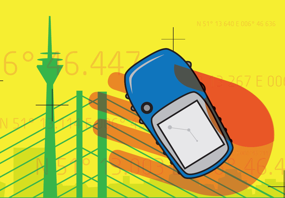 Hand mit GPS-Gerät vor einer Skyline und Koordinaten