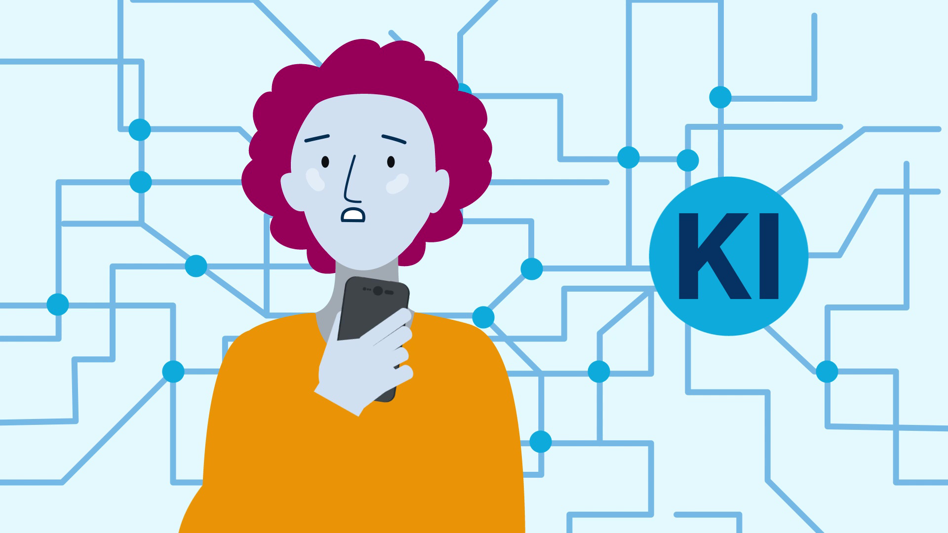 Im Hintergrund ist ein Datennetz zu sehen, dass von einem Kreis mit der Aufschrift "KI" ausgeht. Eine Person steht mit Handy in der Hand im Vordergrund und schat skeptisch.