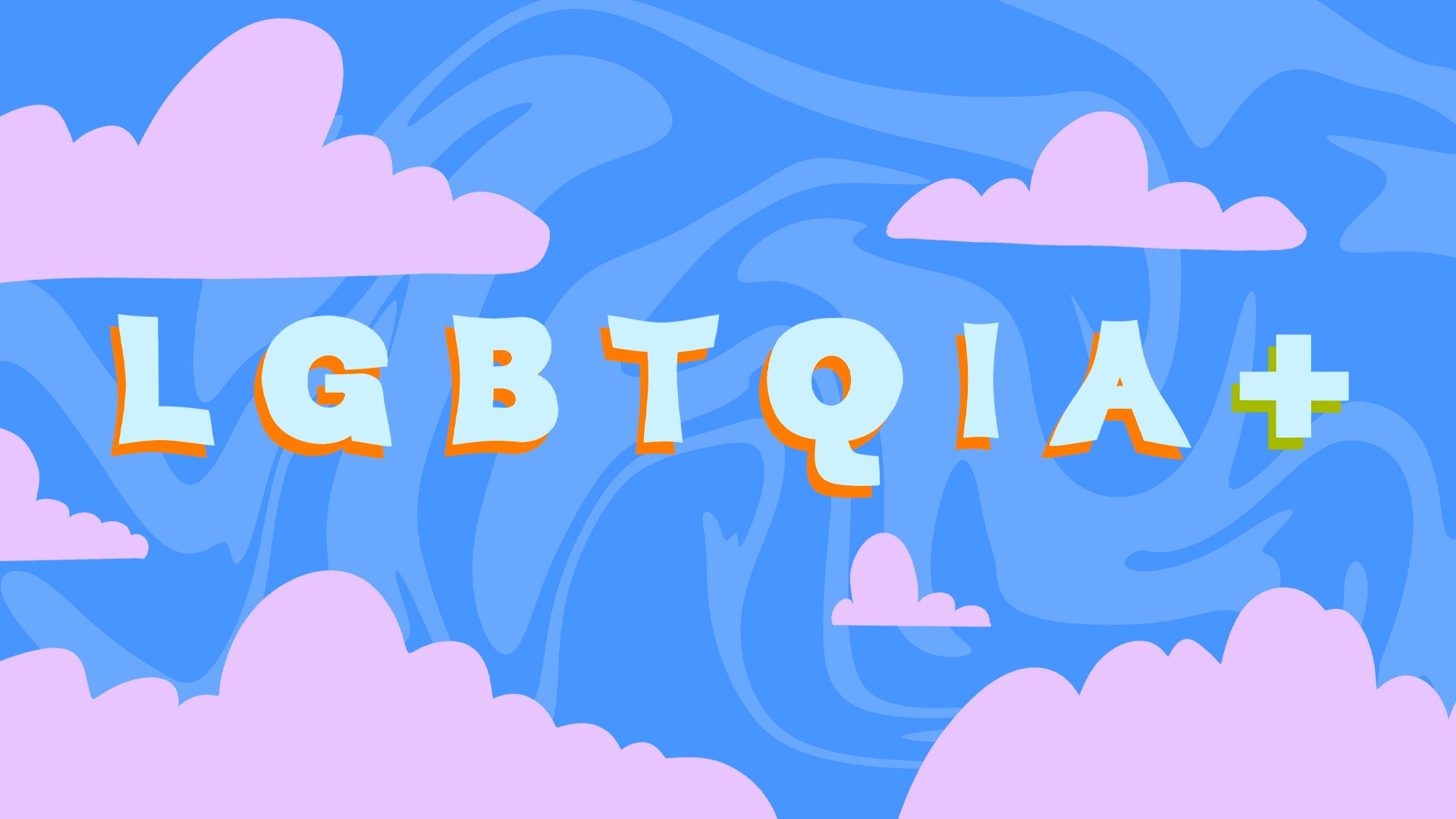 Grafik des Schriftzugs LGBTQIA+ mit Wolken