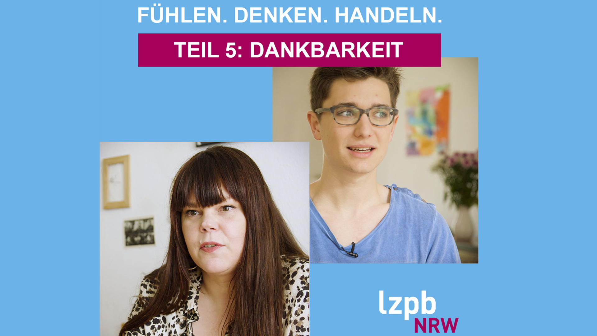 Bilder von drei Menschen mit Text Fühlen. Denken. Handeln. Teil Dankbarkeit