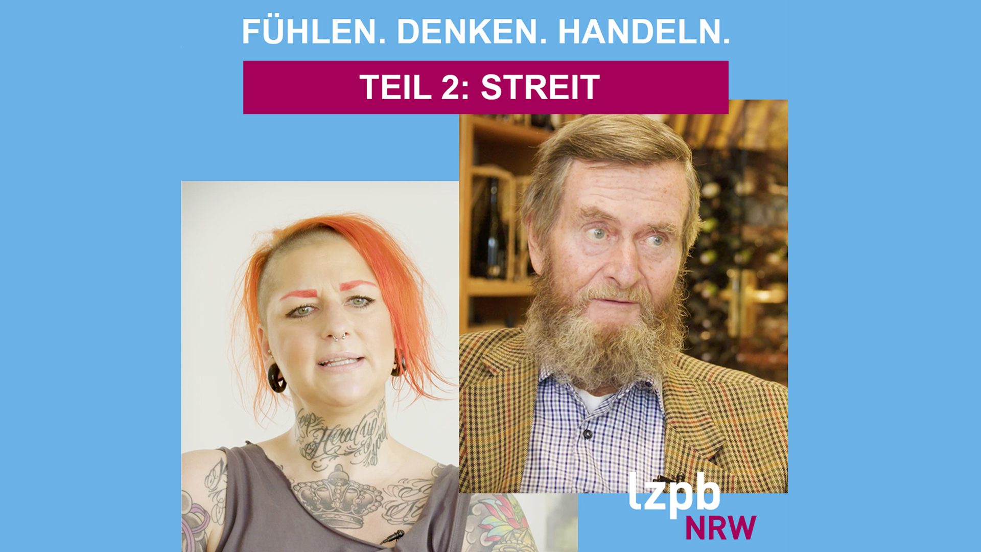 Bilder von zwei Menschen mit Text Fühlen. Denken. Handeln. Teil Streit