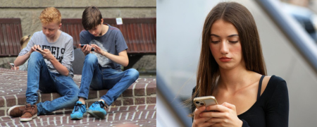 Links zwei Jungs und rechts ein Mädchen spielen mit ihren Handys